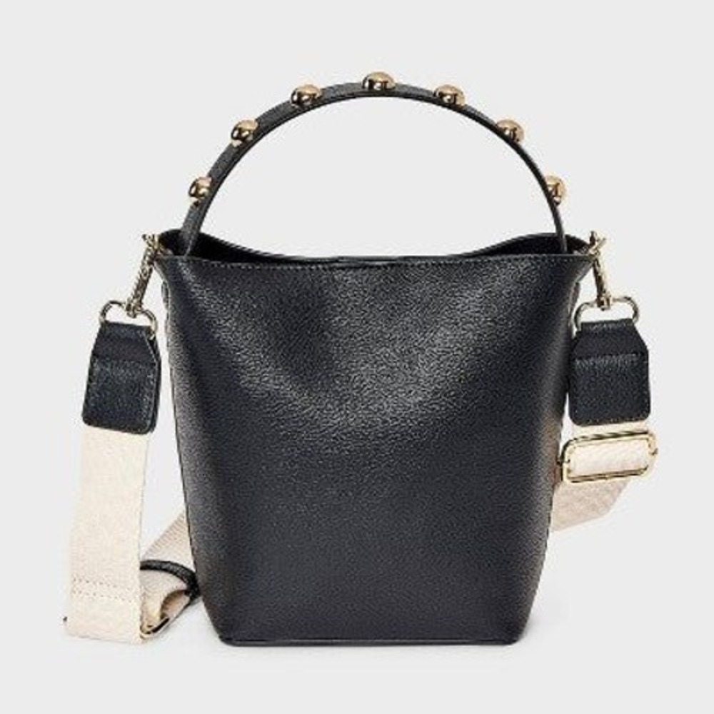 Universal Thread Studded Handle Mini Bucket Crossbody Handbag Black Gold Studs